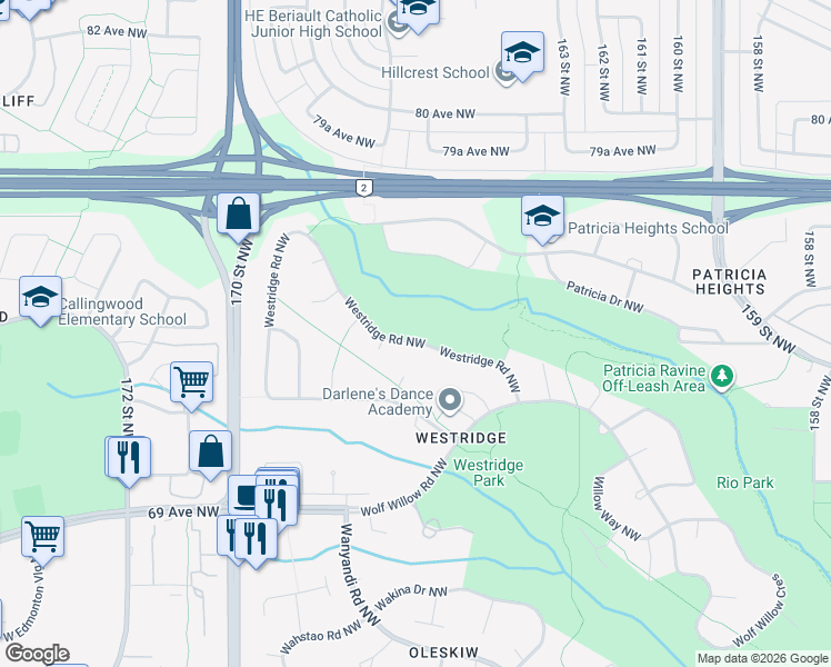 map of restaurants, bars, coffee shops, grocery stores, and more near 287 Westridge Road Northwest in Edmonton