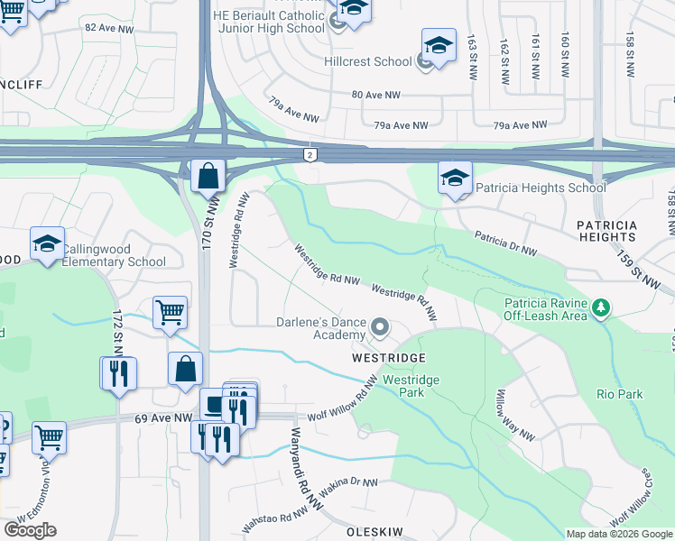 map of restaurants, bars, coffee shops, grocery stores, and more near 287 Westridge Road Northwest in Edmonton