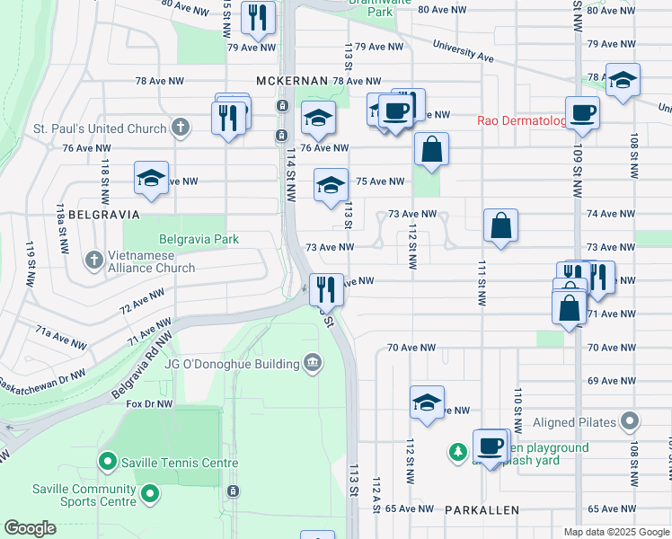 map of restaurants, bars, coffee shops, grocery stores, and more near 7303 113 Street in Edmonton