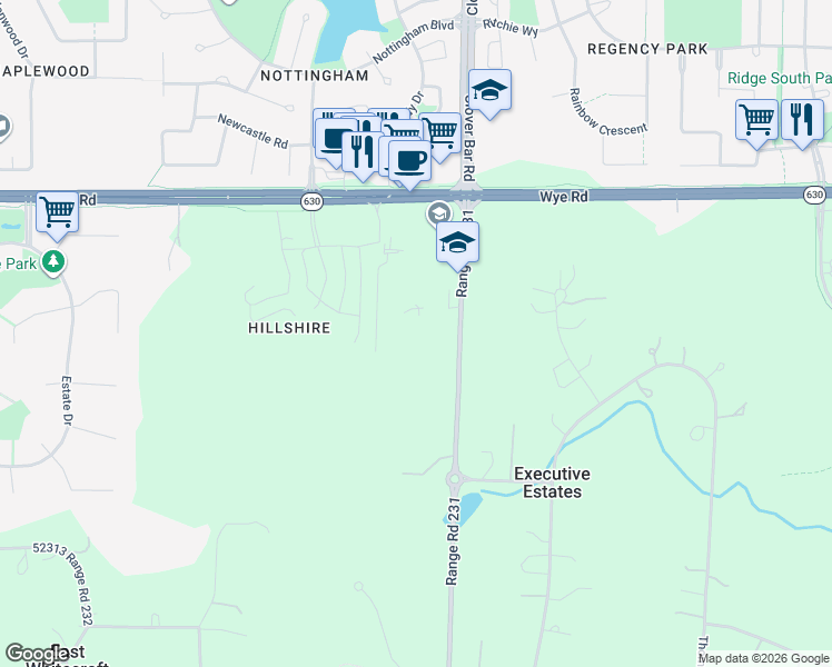 map of restaurants, bars, coffee shops, grocery stores, and more near 52326 Range Road 231 in Sherwood Park
