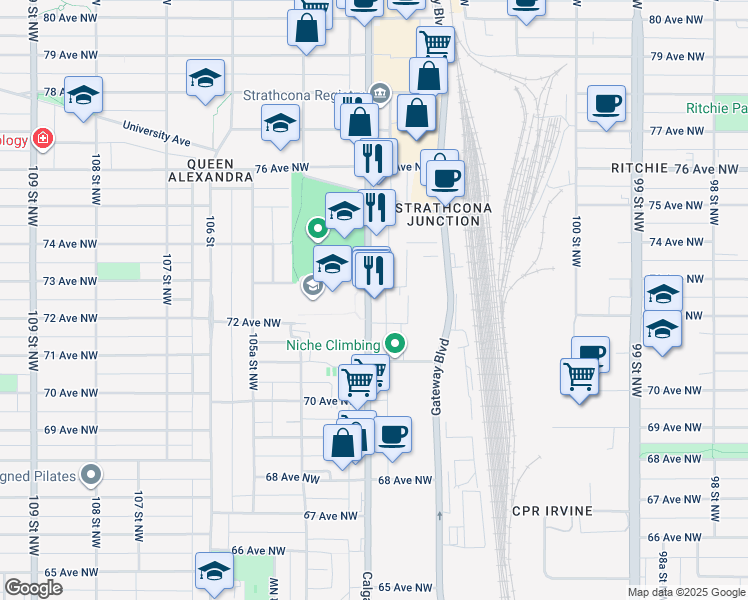map of restaurants, bars, coffee shops, grocery stores, and more near 7301 104 Street Northwest in Edmonton
