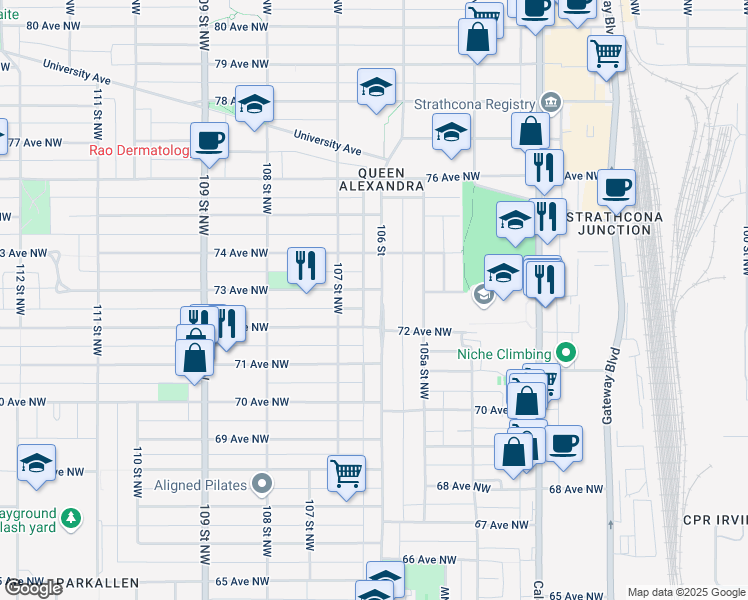 map of restaurants, bars, coffee shops, grocery stores, and more near 7224 106 Street Northwest in Edmonton