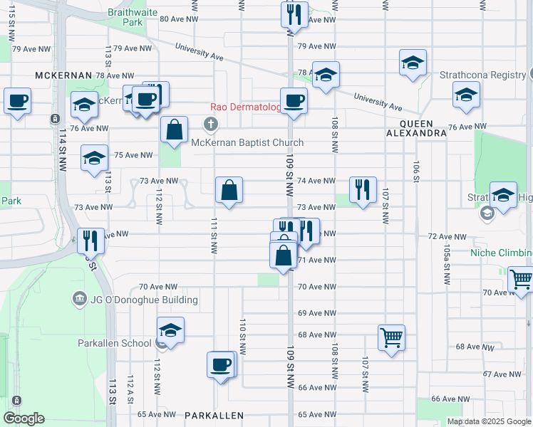 map of restaurants, bars, coffee shops, grocery stores, and more near in Edmonton