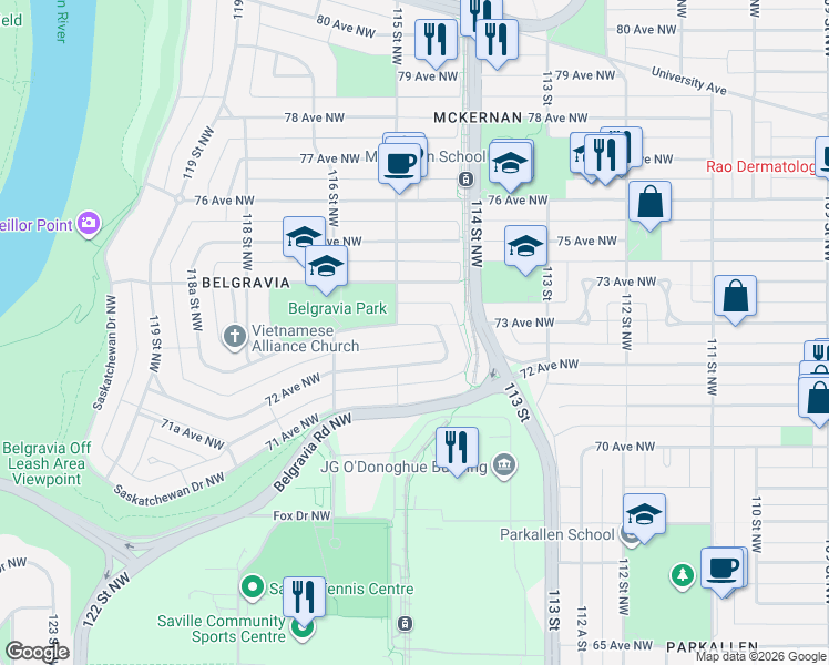 map of restaurants, bars, coffee shops, grocery stores, and more near 11412 73 Avenue Northwest in Edmonton