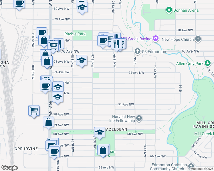 map of restaurants, bars, coffee shops, grocery stores, and more near in Edmonton
