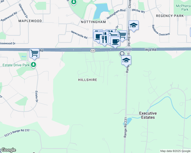 map of restaurants, bars, coffee shops, grocery stores, and more near 23119 Wye Road in Sherwood Park