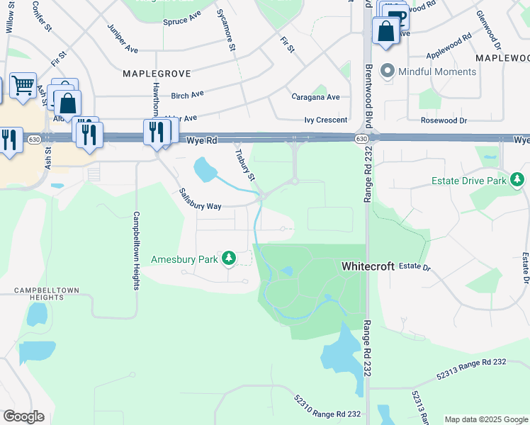 map of restaurants, bars, coffee shops, grocery stores, and more near 1 Amesbury Wynd in Sherwood Park