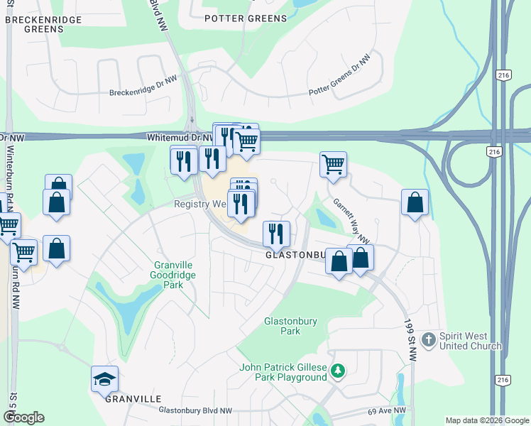 map of restaurants, bars, coffee shops, grocery stores, and more near 2430 Guardian Road Northwest in Edmonton