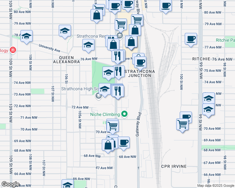 map of restaurants, bars, coffee shops, grocery stores, and more near 7301 104 Street Northwest in Edmonton