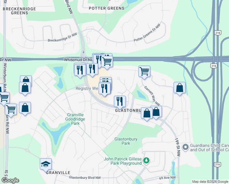 map of restaurants, bars, coffee shops, grocery stores, and more near 2430 Guardian Road Northwest in Edmonton