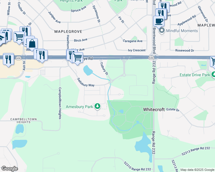 map of restaurants, bars, coffee shops, grocery stores, and more near 1 Amesbury Wynd in Sherwood Park