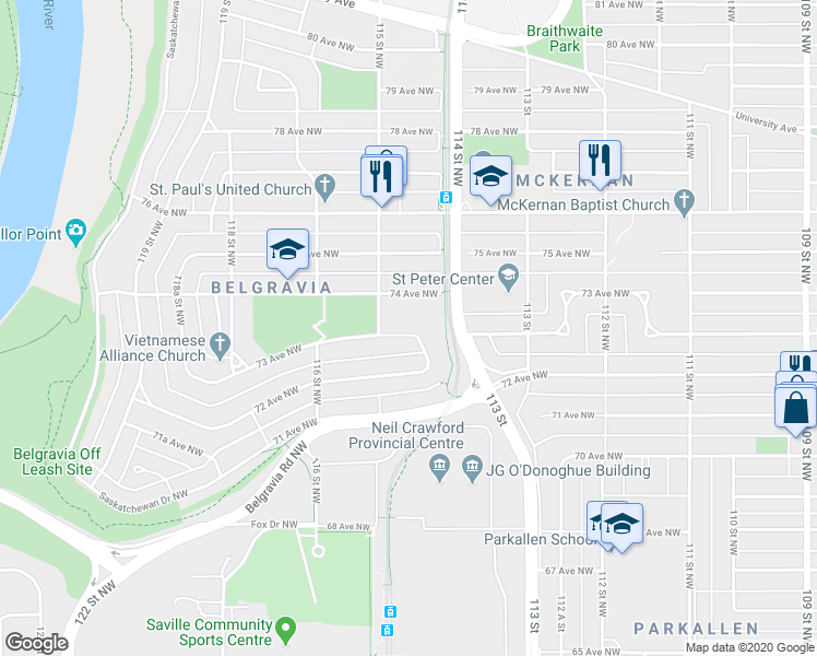 map of restaurants, bars, coffee shops, grocery stores, and more near 11412 73 Avenue Northwest in Edmonton