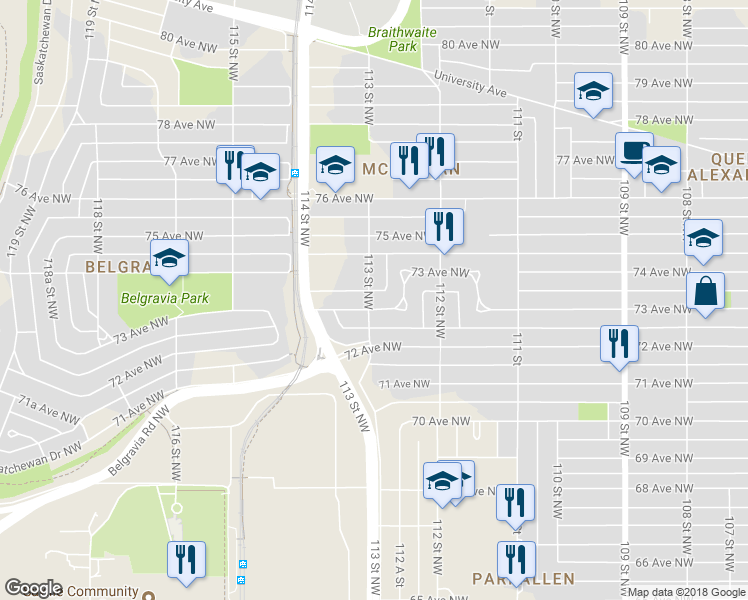 map of restaurants, bars, coffee shops, grocery stores, and more near 7303 113 Street in Edmonton