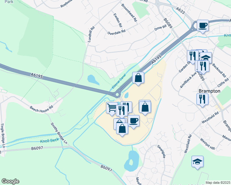 map of restaurants, bars, coffee shops, grocery stores, and more near Cortonwood Roundabout in South Yorkshire