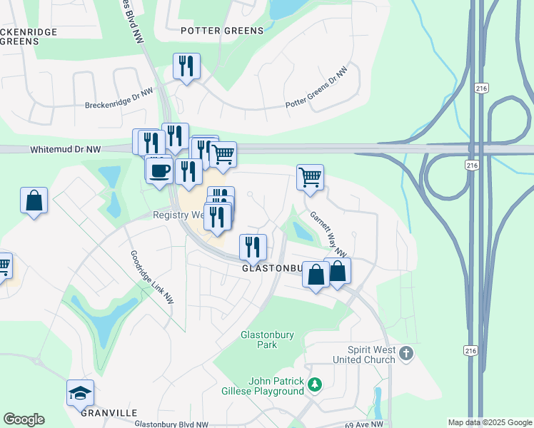 map of restaurants, bars, coffee shops, grocery stores, and more near 2004 Grantham Court Northwest in Edmonton