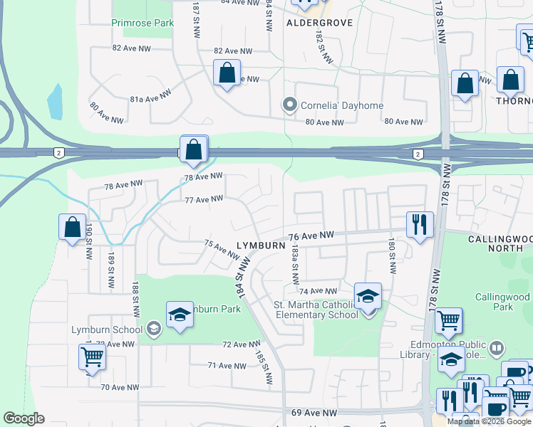 map of restaurants, bars, coffee shops, grocery stores, and more near 18348 76A Avenue Northwest in Edmonton
