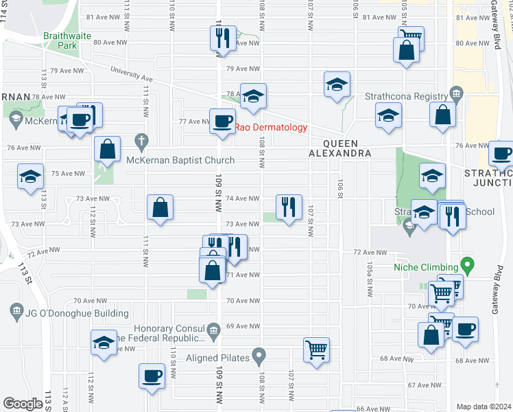 map of restaurants, bars, coffee shops, grocery stores, and more near 10806 73 Avenue Northwest in Edmonton