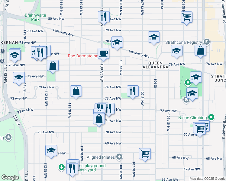 map of restaurants, bars, coffee shops, grocery stores, and more near 10834 73 Avenue Northwest in Edmonton