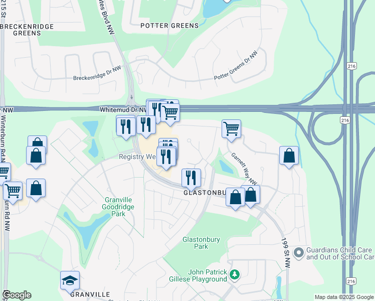 map of restaurants, bars, coffee shops, grocery stores, and more near 2430 Guardian Road Northwest in Edmonton