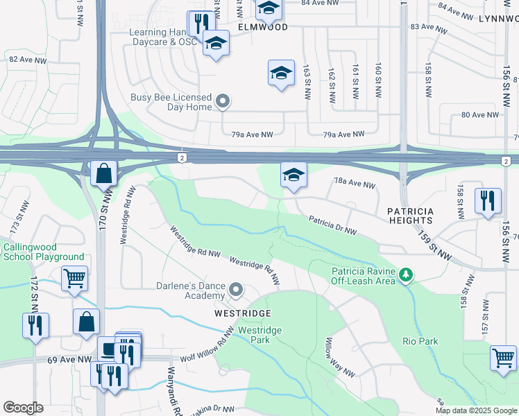 map of restaurants, bars, coffee shops, grocery stores, and more near 11 Patricia Crescent Northwest in Edmonton