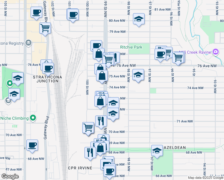 map of restaurants, bars, coffee shops, grocery stores, and more near 9851 73 Avenue Northwest in Edmonton