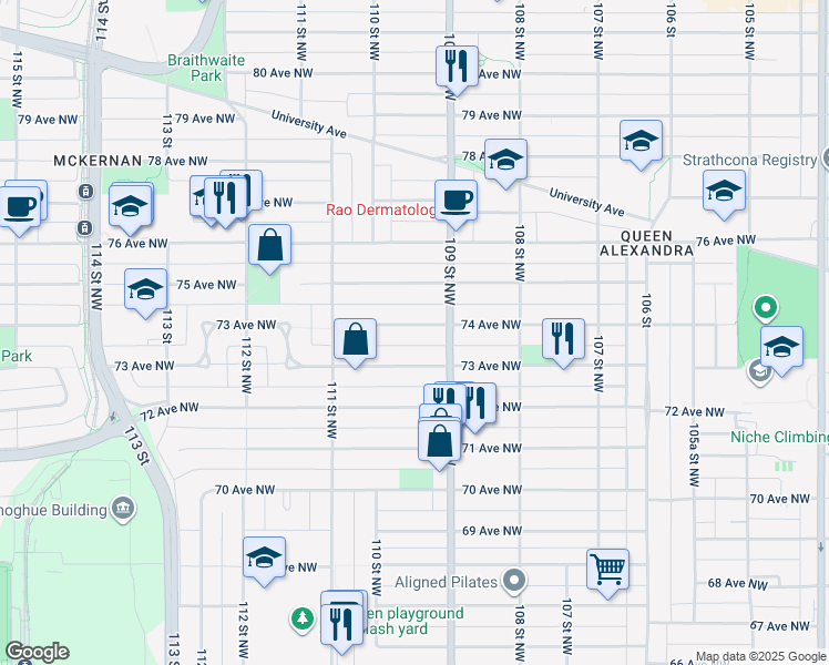 map of restaurants, bars, coffee shops, grocery stores, and more near 10929 74 Avenue Northwest in Edmonton