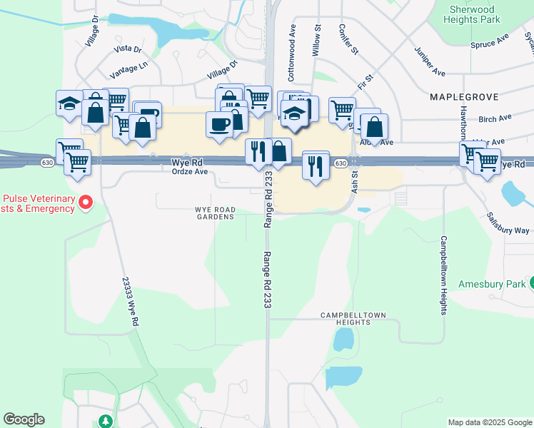 map of restaurants, bars, coffee shops, grocery stores, and more near Wye Road Gardens in Sherwood Park