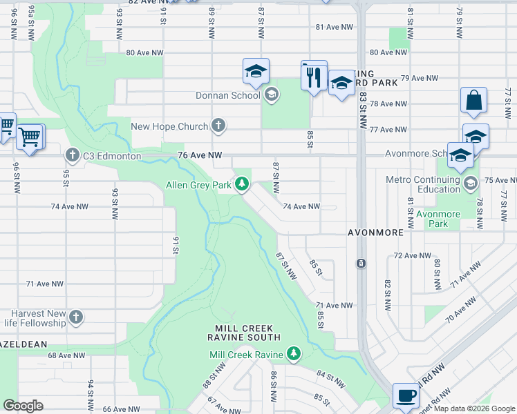map of restaurants, bars, coffee shops, grocery stores, and more near 7428 87 Street Northwest in Edmonton