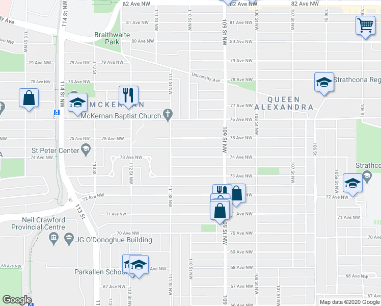map of restaurants, bars, coffee shops, grocery stores, and more near 10960 74 Avenue Northwest in Edmonton