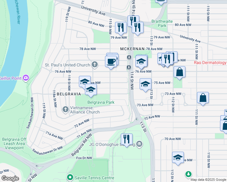 map of restaurants, bars, coffee shops, grocery stores, and more near 11503 75 Avenue Northwest in Edmonton