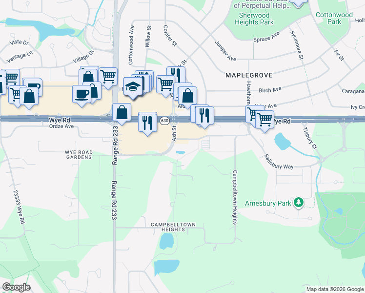 map of restaurants, bars, coffee shops, grocery stores, and more near 279 Wye Road in Sherwood Park