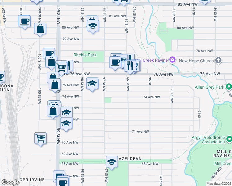 map of restaurants, bars, coffee shops, grocery stores, and more near 9625 75 Avenue Northwest in Edmonton