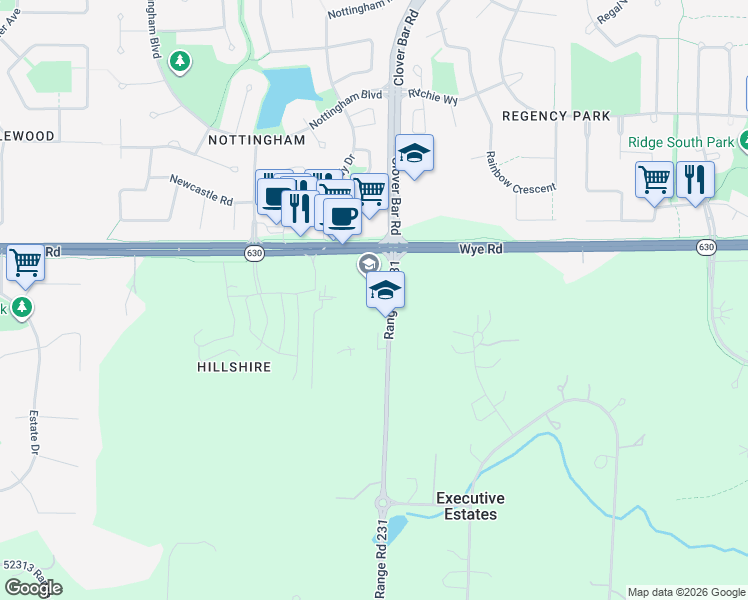 map of restaurants, bars, coffee shops, grocery stores, and more near 23033 Wye Road in Sherwood Park