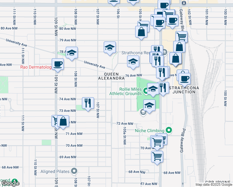 map of restaurants, bars, coffee shops, grocery stores, and more near 7415 106 Street in Edmonton