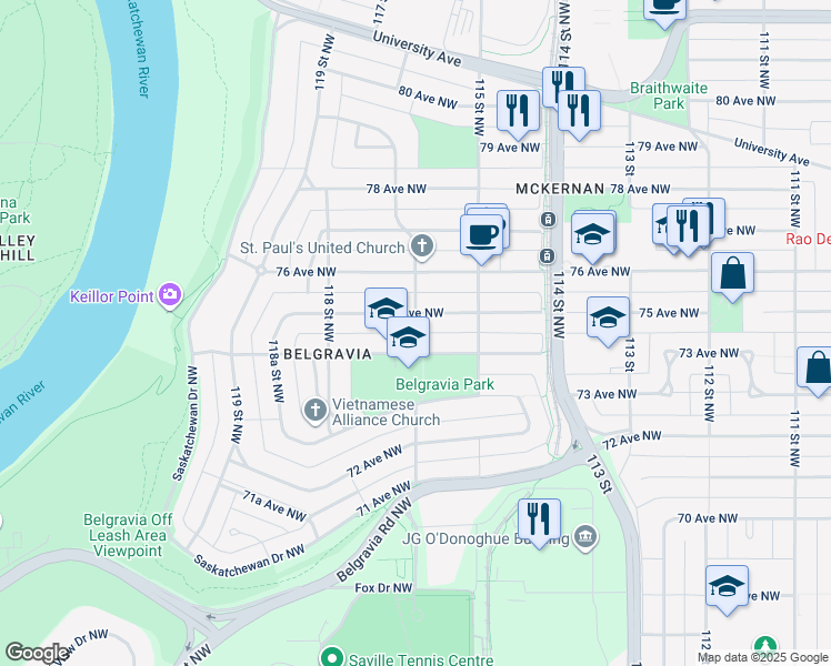 map of restaurants, bars, coffee shops, grocery stores, and more near 116 Street Northwest in Edmonton