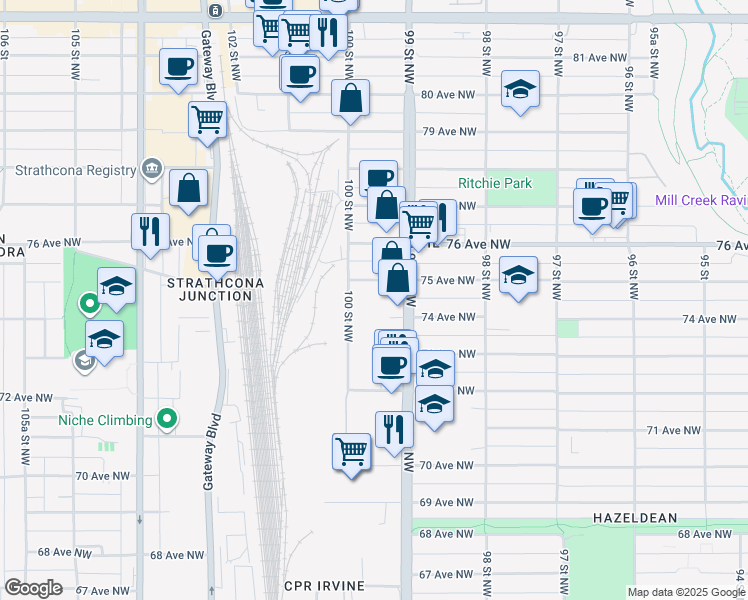 map of restaurants, bars, coffee shops, grocery stores, and more near 7430 99 Street Northwest in Edmonton