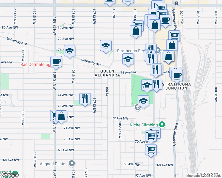 map of restaurants, bars, coffee shops, grocery stores, and more near 7415 106 Street in Edmonton
