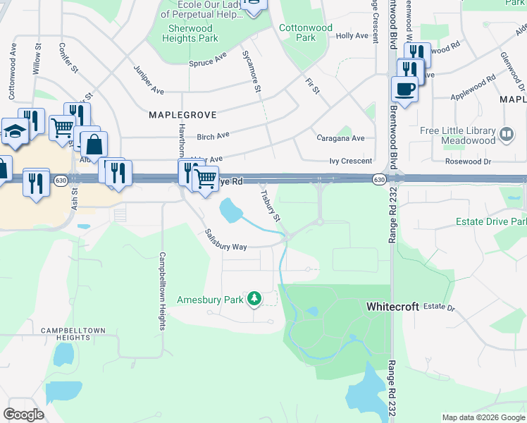 map of restaurants, bars, coffee shops, grocery stores, and more near 114 Tisbury Street in Sherwood Park