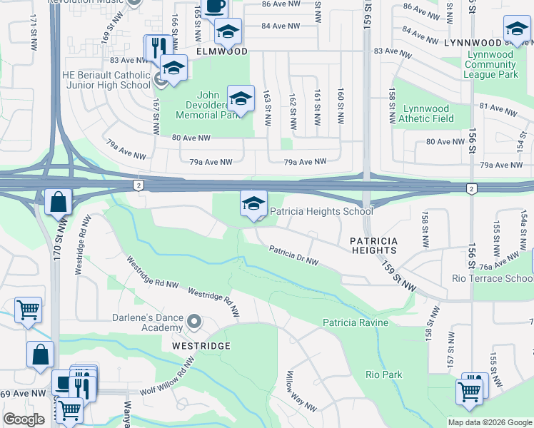 map of restaurants, bars, coffee shops, grocery stores, and more near 16216 78 Avenue Northwest in Edmonton