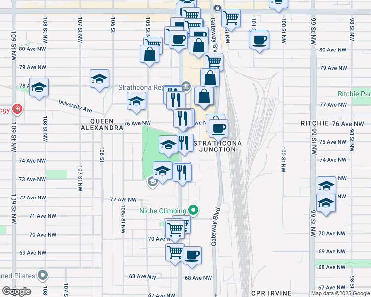map of restaurants, bars, coffee shops, grocery stores, and more near 10346 University Avenue in Edmonton