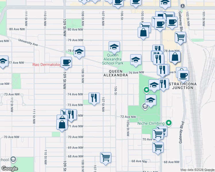 map of restaurants, bars, coffee shops, grocery stores, and more near 7420 106 Street in Edmonton