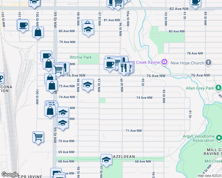 map of restaurants, bars, coffee shops, grocery stores, and more near 9625 75 Avenue Northwest in Edmonton