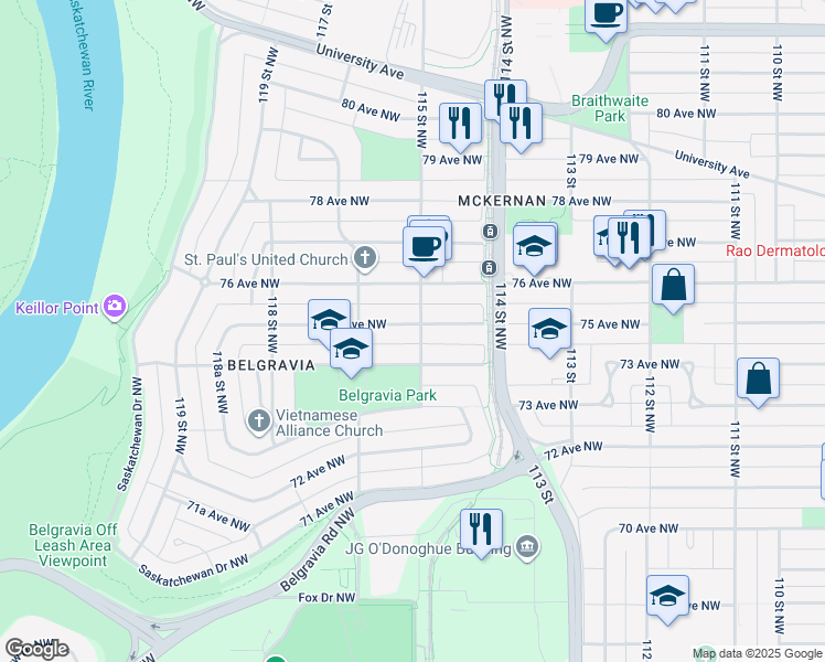 map of restaurants, bars, coffee shops, grocery stores, and more near 11503 75 Avenue Northwest in Edmonton