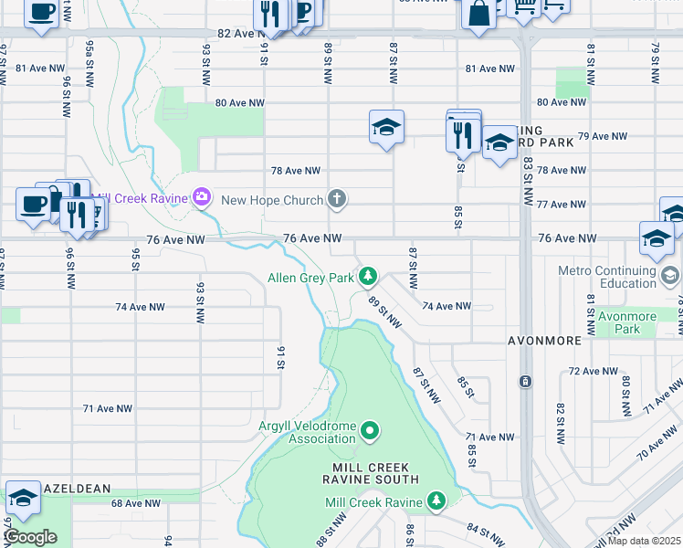 map of restaurants, bars, coffee shops, grocery stores, and more near 7510 89 Street Northwest in Edmonton