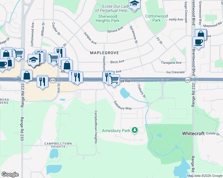 map of restaurants, bars, coffee shops, grocery stores, and more near 55 Salisbury Way in Sherwood Park