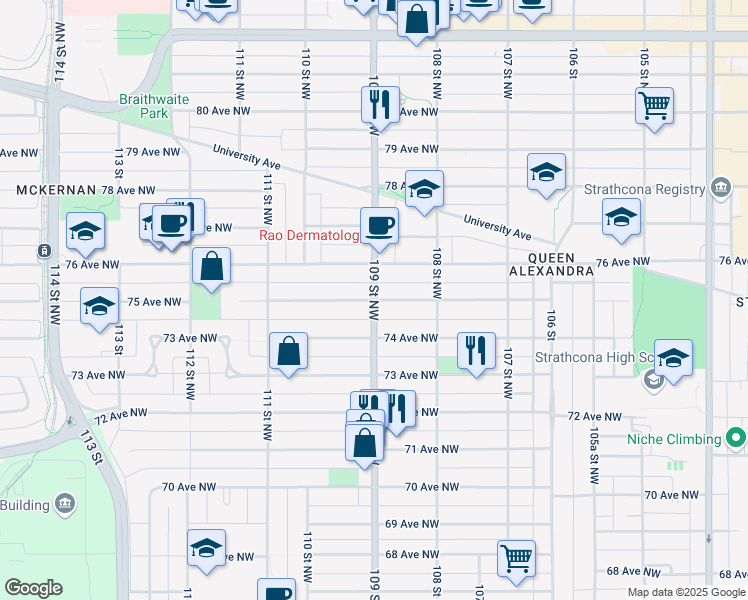 map of restaurants, bars, coffee shops, grocery stores, and more near 109 St NW & 75 Ave NW in Edmonton