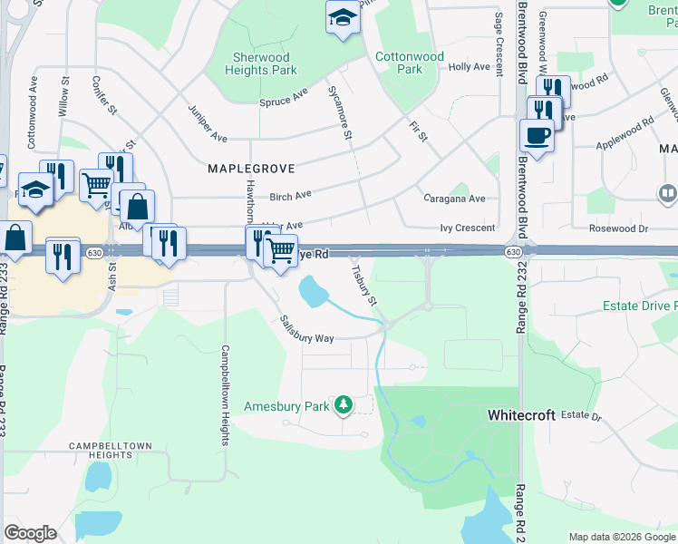 map of restaurants, bars, coffee shops, grocery stores, and more near 112 Tisbury Street in Sherwood Park