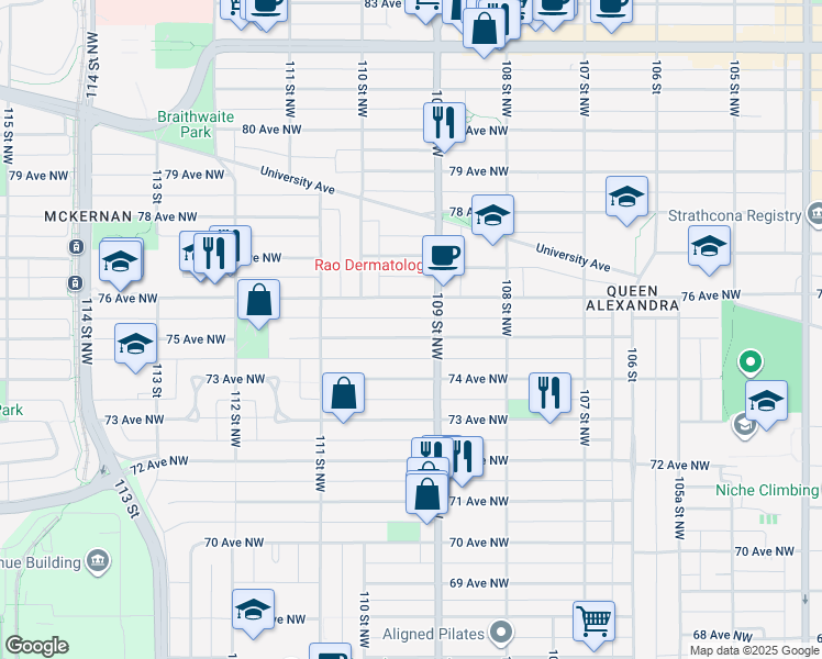 map of restaurants, bars, coffee shops, grocery stores, and more near 10922 75 Avenue Northwest in Edmonton