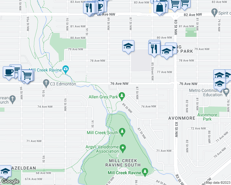 map of restaurants, bars, coffee shops, grocery stores, and more near 7510 89 Street Northwest in Edmonton