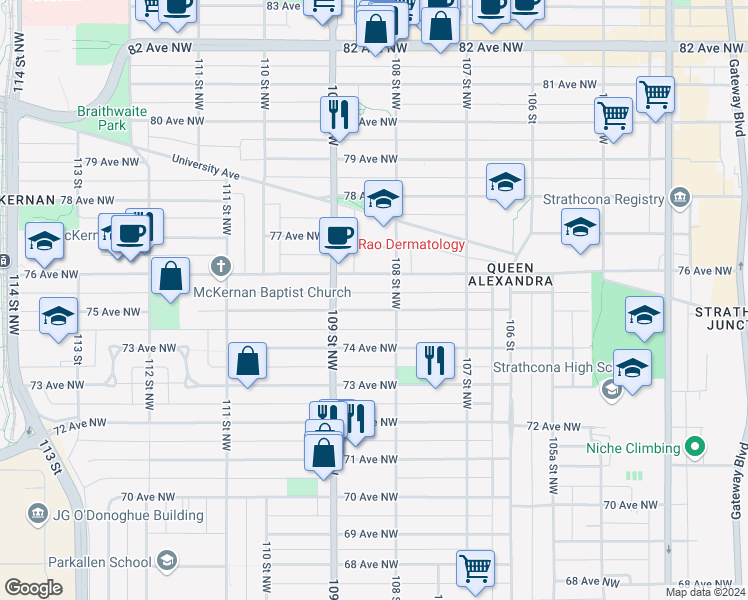 map of restaurants, bars, coffee shops, grocery stores, and more near in Edmonton